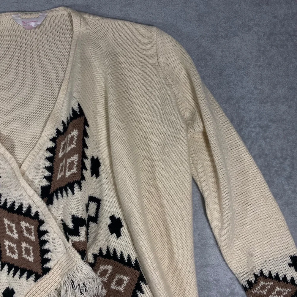 No Boundaries Cardigan Women Large L Cream Southwestern Fringe Open‎ Front Knit